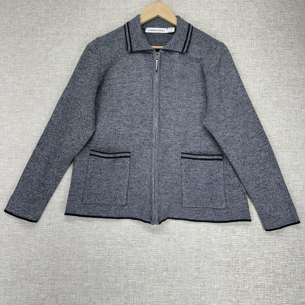 Karen Lessly Sweater Womens Large Gray Full Zip Collared Knit Pockets Jacket‎